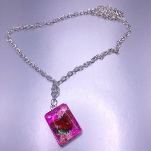 10 inch Pink Glittery Butterfly HANDMADE Necklace, Silver pendant & Chain